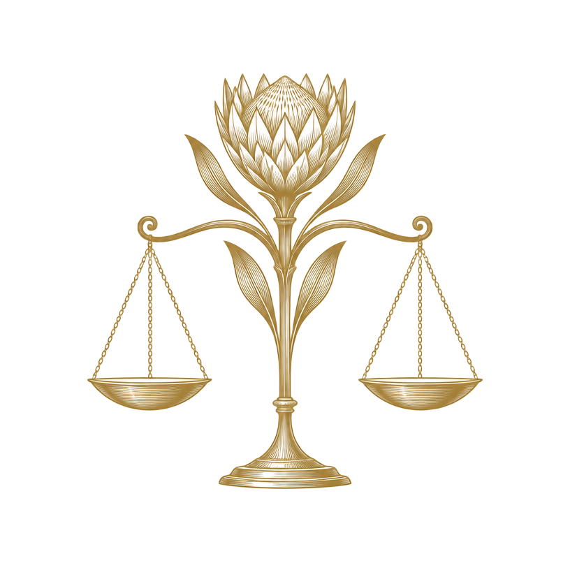 Scales of justice with a protea